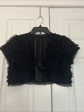 Black Lightweight Layered Ruffled Cropped Bolero Shrug Front Tie Closure Small